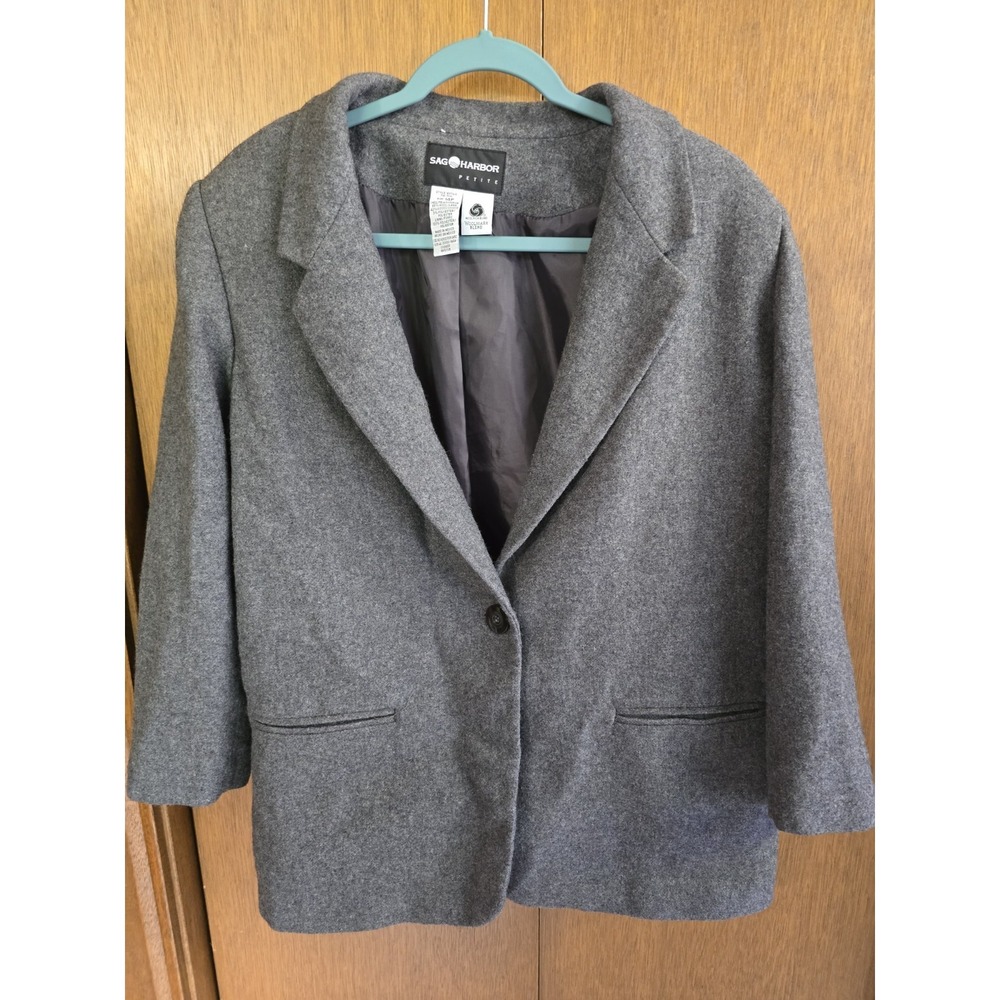Women Wool Blend Jacket Blazer Vintage Gray Woolmark Lined Sz 14P‎ Sag Harbor